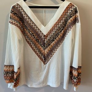 Andthewhy long sleeve too, size small, white with multi-color details.
